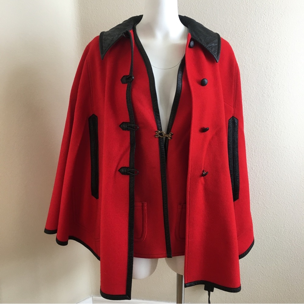 Vintage Pendleton Vest & Cape 12 Red Wool Black faux leather trim 2 piece